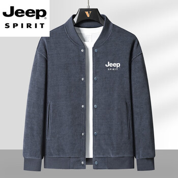 Jeep spirit jeep corduroy jacket men's autumn and winter young and middle-aged large size velvet baseball jacket loose stand-up collar casual jacket gray thin section 3xl