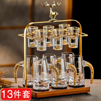 Lekali high-end white wine glass set light luxury household gold foil wine dispenser wine set with cup holder wine measuring device glass wine glass 13-piece set 6 pots 6 cups gold foil style + deer head storage rack