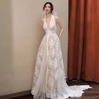 French retro lace light wedding dress bride's forest-style wedding gown v-neck halter neck engagement dress white xs