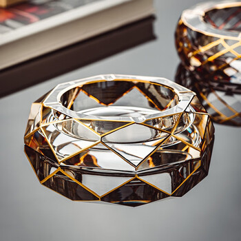 Vinos european light luxury hand-painted gold ashtray home living room large crystal glass ashtray creative personality office high-end cigar ashtray 15cm gold-painted faceted crystal ashtray