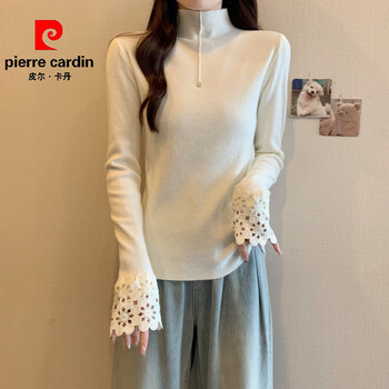 Pierre cardin half turtleneck lace splicing right shoulder bottoming shirt with plus size women's autumn and winter new high-end sense bottoming shirt top, apricot l, recommended 105-115 pounds