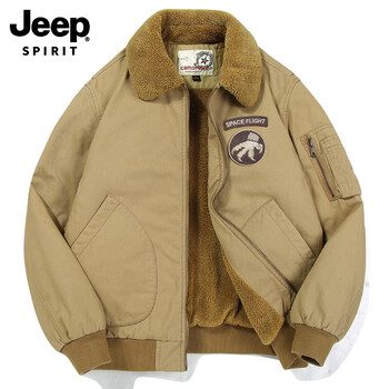 Jeep spirit sherpa bomber jacket for men 2025 winter velvet thickened american workwear retro cotton top jacket for men bl9030 khaki jacket xl (130-145 pounds)