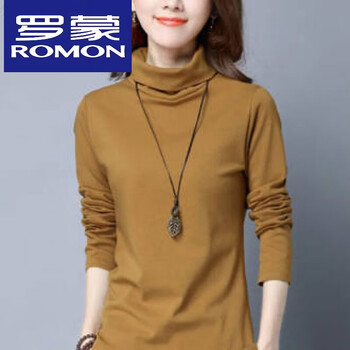 Romon pure cotton korean style turtleneck bottoming shirt for women with long sleeves and spring and autumn t-shirt loose clothes simple fashion versatile top camel xl recommended 120-132 pounds