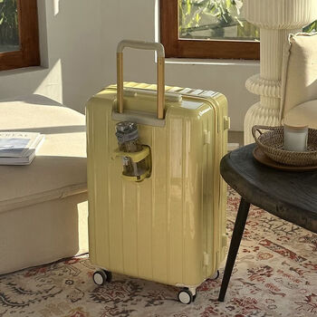 Ye yu suitcase female student internet celebrity suitcase trolley case men's password leather case strong lemon yellow cup holder + double-layer explosion-proof zipper + 34-inch material + charging interface