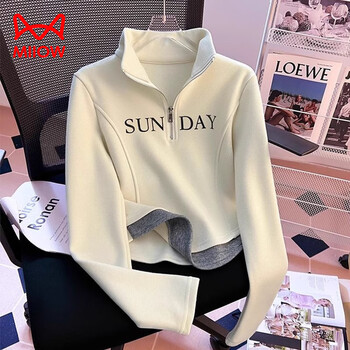 Miiow german velvet half-zip thickened versatile stand-up collar half-zip long-sleeved bottoming shirt for women autumn and winter small short sweatshirt fake apricot color good quality s (recommended 70-85 pounds)