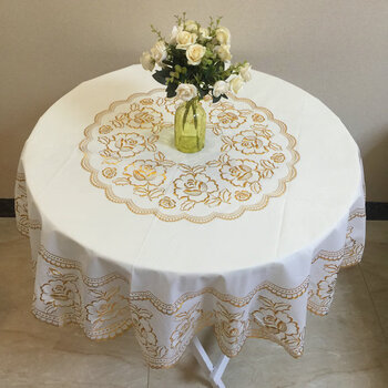 Yusenyi imitation lace disposable round tablecloth waterproof, oilproof and anti-scalding round household tablecloth table cloth 333 gold thickened tablecloth 135cm (suitable for round tables within 1.1 meters)