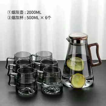 Yusenyi glass heat-resistant and high-temperature kettle, high-end living room household herbal fruit tea large-capacity kettle, cold thickened kettle set, smoked green square handle mountain viewing kettle (2000ml)-6 smoked green mountain viewing cups (500ml) 2000ml