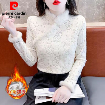 Pierre cardin autumn and winter velvet warm inner top for women 2025 fashionable stand-up collar long-sleeved national style lace bottoming shirt trendy apricot (autumn and winter style) whole body plus velvet l 100kg-110kg