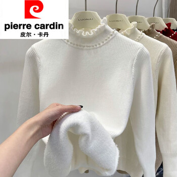 Pierre cardin autumn and winter new style one-piece velvet half turtleneck plus velvet bottoming shirt for women with heavy beading knitted sweater for women, white, one-piece velvet, thickened s, recommended within 80-95 pounds