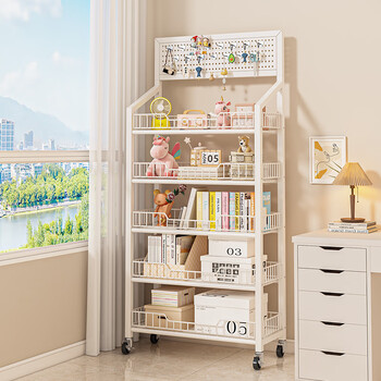 Fantasy floor-to-ceiling hole-board storage rack removable snack storage rack next to the desk five-layer bookshelf thickened carbon steel five-layer thickened - classic black 60cm + wheels free 15 hangs