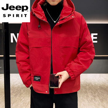 Jeep spirit casual jacket for men in autumn and winter plus velvet and thickened jacket, cotton jacket, calm and handsome cotton jacket, cold weather jacket, red m