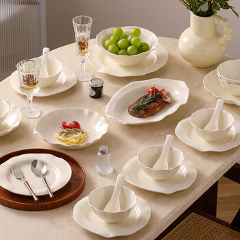 Glohh2025 new simple cream style ceramic tableware set shell bowl and plate housewarming wedding high-looking bowl and plate set milk white - 22-piece set for four people
