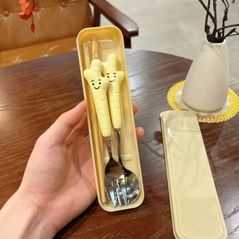 Ye yu cute ins spoon fork chopsticks three-piece set high-looking student adult portable tableware set ins little yellow ginger spoon + chopsticks + box three-piece set