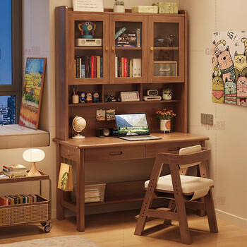 Guijiayuan all solid wood desk study table and chair desk bookcase integrated bookshelf living room desk computer bedroom writing table black walnut color single table length, width and height 120*60*195cm desktop thickness 2.2cm