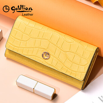 Goldlion wallet women's 2025 latest fashion long genuine leather light luxury high-end wallet women's wallet card holder 2-in-1 yellow official authentic penalty 10 for counterfeit