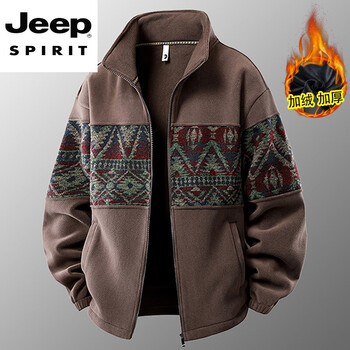 Jeep spirit ethnic style velvet stand collar jacket men's autumn and winter casual loose thickened warm large size polar fleece jacket brown 2xl recommended 160-180 pounds