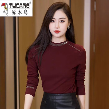 Woodpecker (tucano) angolan red bottoming shirt for women in spring and autumn double-sided german velvet half-high collar with thickened warm and stylish versatile top angora red m recommended 80-100 pounds
