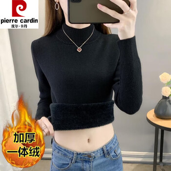 Pierre cardin ankora red autumn plus velvet sweater for women thickened one-piece velvet inner half turtleneck bottoming sweater warm top black one-piece velvet version thickened l recommended 105-115 pounds