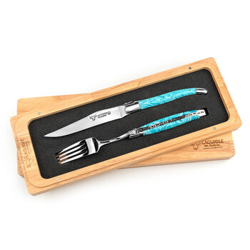 He jiagong french laguiole en aubrac handmade steak western-style knife and fork sapphire sapphire knife and fork set. 1 knife and 1 fork with french wooden box