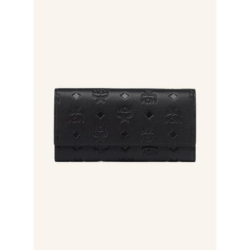 Mcm women's wallet with multiple card slots, zipper, inner pocket, snap button closure, brand embossed black matte embossed pattern black / silver one size