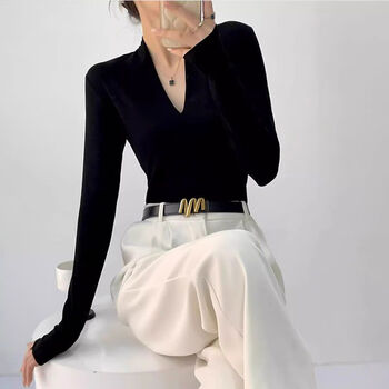 Qbily black slim v-neck bottoming shirt for women in autumn and winter with knitted sweater, waisted long-sleeved t-shirt, versatile slimming top for commuting, black m 50/55kg