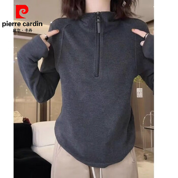 Pierre cardin german velvet stand-up collar bottoming shirt half-zip sweatshirt for women 2026 autumn and winter new style velvet thickened top yadan style wear dark gray german velvet fabric m 80-100