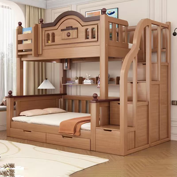 All solid wood bunk bed double height bed adult bunk wooden bed small apartment bunk bed bunk bed children's bed cabinet ladder-5cm brown mat upper bed width 140 bottom bed width 160 (comes with bookshelf)