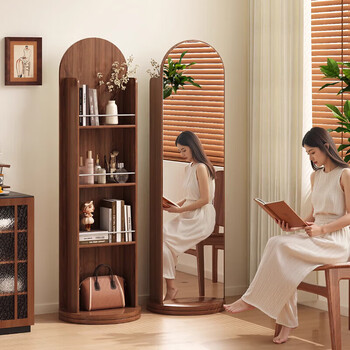 Xiaojiangcai (xiaojiangcai) solid wood full-length mirror home floor mirror rotatable movable dressing mirror magazine bookshelf storage integrated fitting mirror