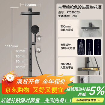 R&t rain shower set automatic descaling four functions hand-held storage table home bath shower k20 k30 square tube back spray shower gun gold-105cm shower