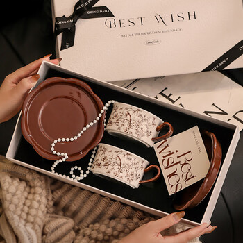 Romance days leap of branches coffee cup set gift box light luxury high-grade ceramic pair of cups and saucers wedding gifts for new couples leap of branches pair of cups and saucers textured gift box gift bag