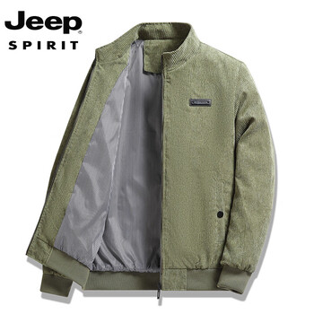Jeep spirit2025 winter corduroy jacket for middle-aged men, loose sherpa thickened stand-up collar, multi-pocket dad casual jacket, military green++, spring and autumn, thin section, 2xl 125-140 catties