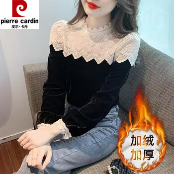 Pierre cardin plus velvet long-sleeved t-shirt for women, new autumn style fashionable lace bottoming shirt, gold velvet top, black plus velvet s 80-95 catties