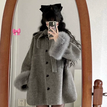 Miao yijia korean style hepburn style woolen coat women's woolen coat coat winter women's coat coat woolen coat top furry sleeve bow woolen coat gray m (recommended 95-110 pounds)