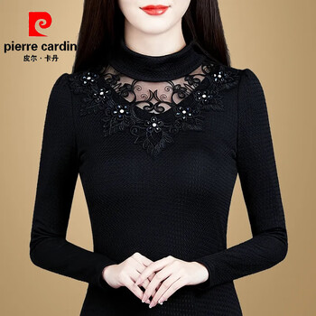 Pierre cardin lace bottoming shirt women's autumn and winter western style 2025 new fashion half-high collar long-sleeved inner thickened top black regular 2xl