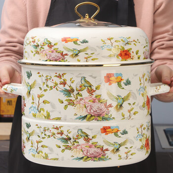 Oulijia enamel steamer with steaming grate, stew pot, soup pot, steamed buns, steamed buns, induction cooker, gas universal, flower and bird-visible cover, phnom penh, 2 layers, 30cm