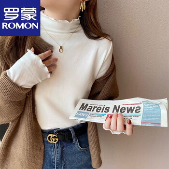 Romon high-end pure cotton inner layering shirt women's long-sleeved 2025 early autumn new fungus edge threaded half-high collar inner layering t-shirt official flagship white autumn thin style m recommended 90-105 pounds