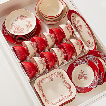 Jingxi tableware set for home use 2025 new high-value ceramic tableware new chinese tableware complete set dowry housewarming celebration chiyu xinlan-8-piece set for 2 people wedding engagement souvenir tableware set