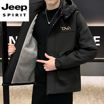 Jeep spirit high-end embroidered velvet jacket men's autumn and winter second cotton thickened workwear cotton clothes commuting coldproof jackets black xl