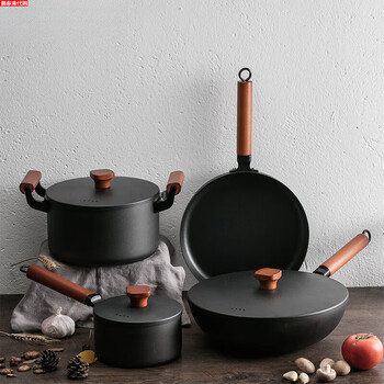 Fat donglai wrought iron pot set combination three-piece household non-stick pan gas stove induction cooker wok coated four-piece set