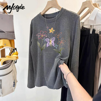 Mj style thin velvet round neck bottoming shirt for women 2026 winter new style plus velvet to keep warm, comfortable and skin-friendly, loose inner long-sleeved top