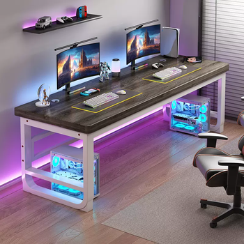 Yusenyi simple solid wood home competition table desktop bedroom electric workbench double desk desk computer desk school gray oak white frame 30mm solid wood ecological board 180x60x77cm