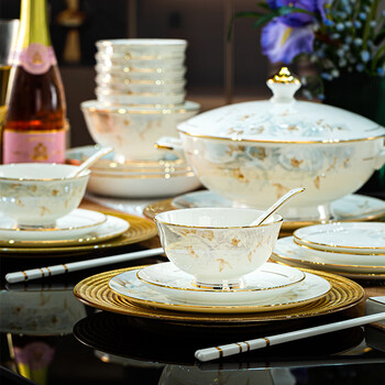 Weizun jingdezhen high-end bone china tableware set, bowls, dishes and chopsticks combination for home chinese style light luxury wedding housewarming gift suitable for microwave oven | leather suitcase packaging 70-piece set