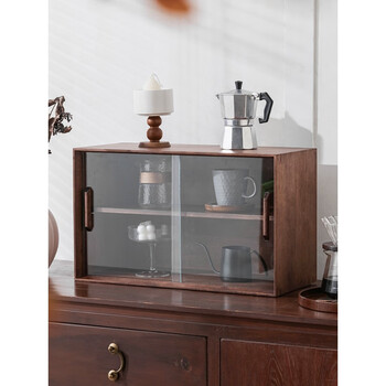 Wusheng walnut storage sideboard dust-proof desktop water cup tea set coffee shelf dining table living room storage solid wood black walnut double-layer square cabinet