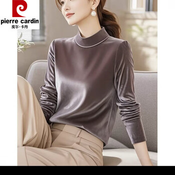 Pierre cardin spring and autumn half turtle collar fashionable light luxury gold velvet women's long sleeve t-shirt versatile, western style, comfortable, high-end inner basement brown color fashionable version 3xl recommended 130-145 catties