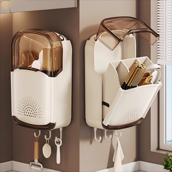 Centenary zhenghe chopstick storage box wall-mounted new kitchen countertop storage spoon tableware barrel drain storage rack chopstick basket chopstick cage transparent gray - transparent drain tray + 3 hooks
