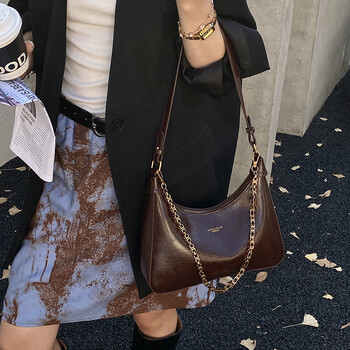 Underarm bag women's 2025 new niche retro waxed leather tote bag chain shoulder crossbody bag brown