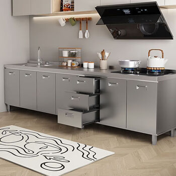 He jiagong 304 overall stainless steel kitchen cabinets, installation-free, thickened stove, storage cabinets, cupboards, simple all-in-one cabinets for home, 90cm double door, single basin, remarks left and right