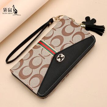 Kangaroo leather wallet women's clutch women's long simple mobile phone bag multifunctional large capacity fashion zipper wallet black