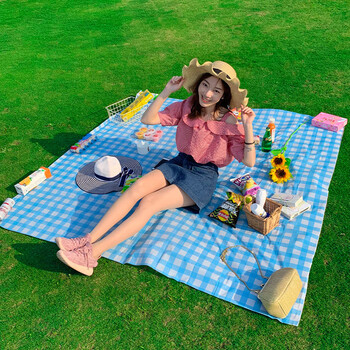 Shijanu outdoor camping waterproof tablecloth egg roll table picnic mat 2.2m light blue grid outdoor environmentally friendly portable model