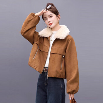 Chu xin fur one-piece lamb wool short coat for women 2025 winter new women's imitation deerskin plus velvet top for small people camel (plus velvet and thickening) (fur collar is removable) m